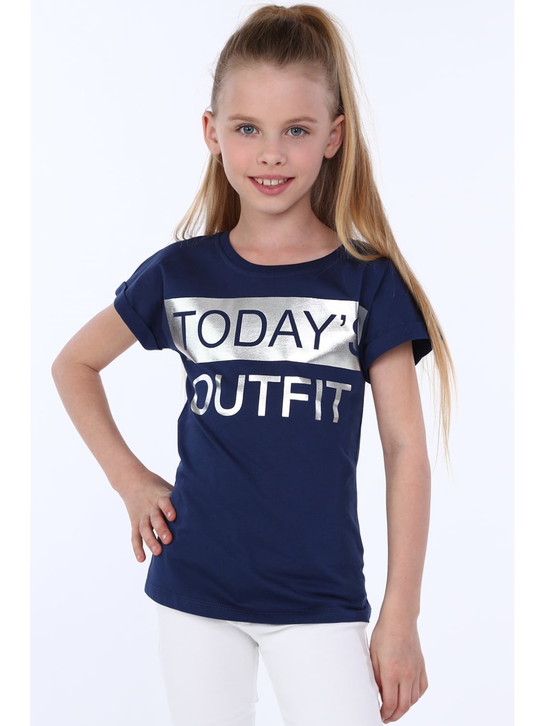 Girls\' T-shirt with inscriptions, navy blue NDZ8168 - Online store - Boutique